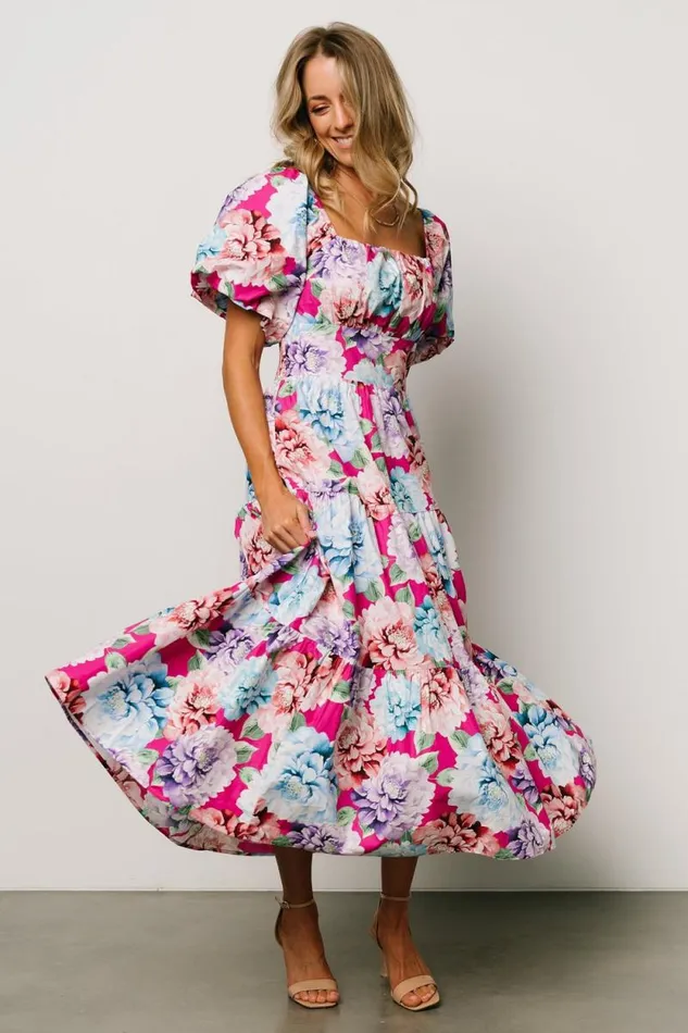 Women Iva Puff Sleeve Midi Dress Fuchsia Multi Floral Baltic Born Midi Dresses