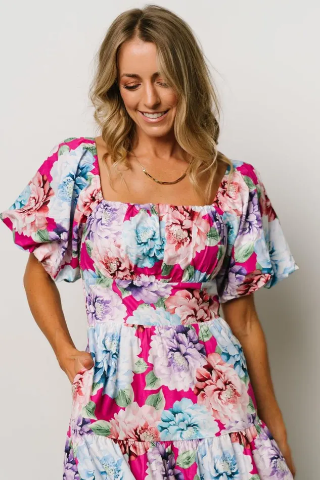Women Iva Puff Sleeve Midi Dress Fuchsia Multi Floral Baltic Born Midi Dresses