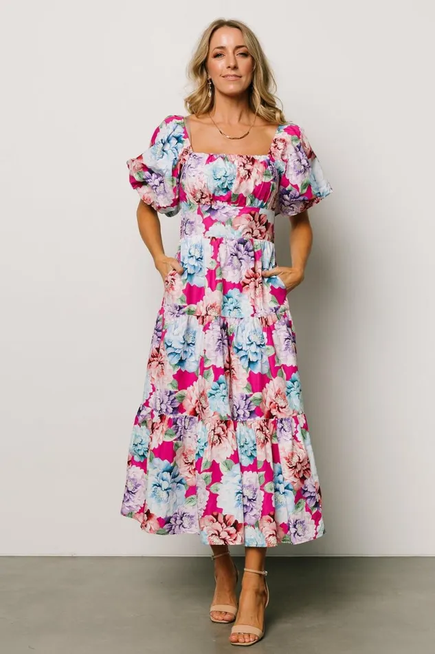 Women Iva Puff Sleeve Midi Dress Fuchsia Multi Floral Baltic Born Midi Dresses