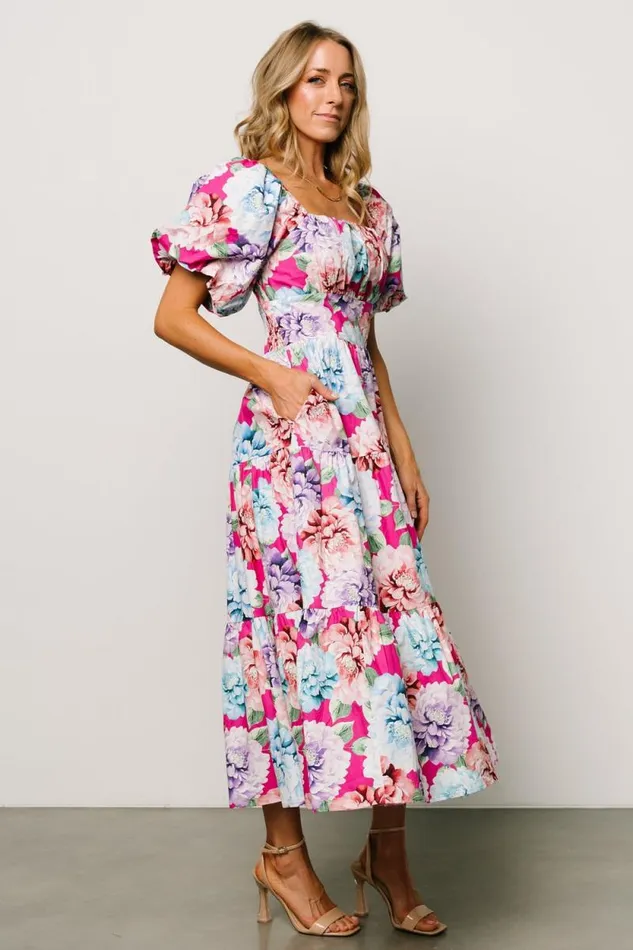 Women Iva Puff Sleeve Midi Dress Fuchsia Multi Floral Baltic Born Midi Dresses