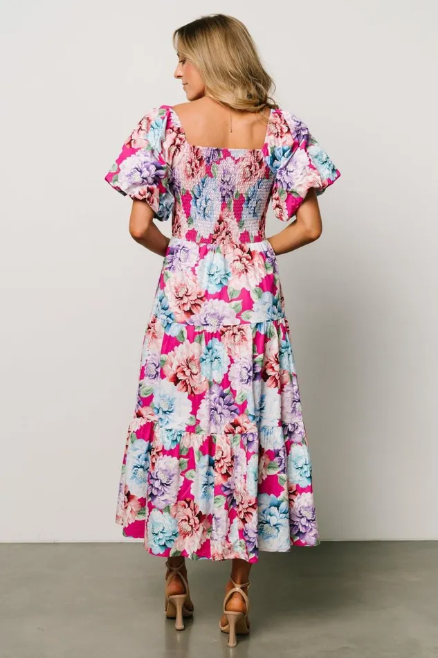 Women Iva Puff Sleeve Midi Dress Fuchsia Multi Floral Baltic Born Midi Dresses