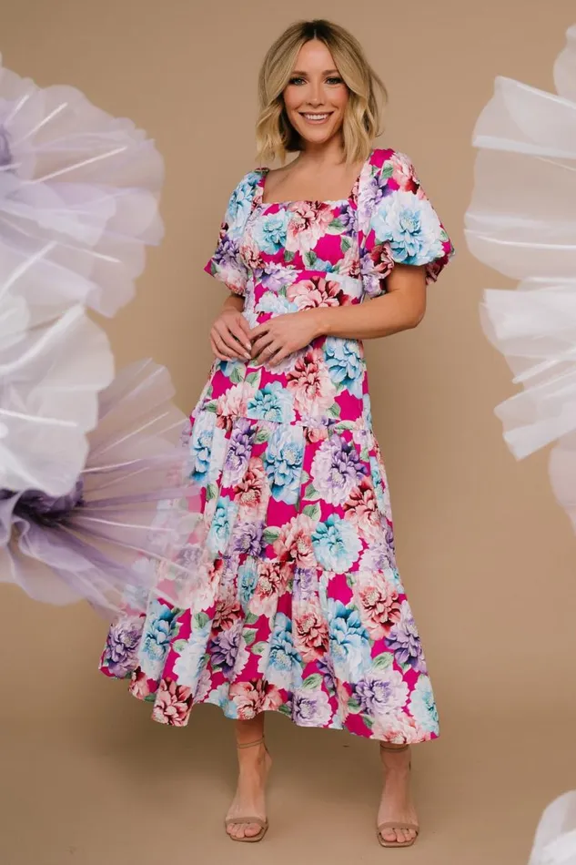 Women Iva Puff Sleeve Midi Dress Fuchsia Multi Floral Baltic Born Midi Dresses
