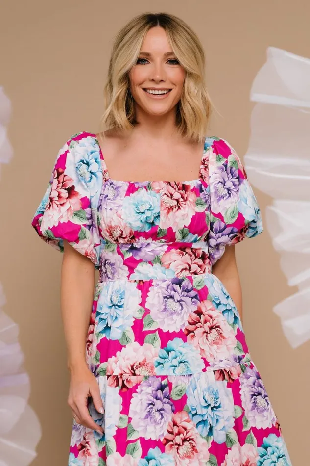 Women Iva Puff Sleeve Midi Dress Fuchsia Multi Floral Baltic Born Midi Dresses