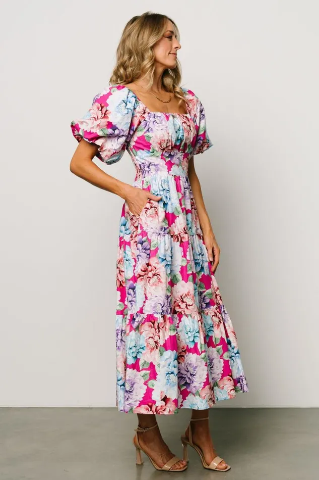 Women Iva Puff Sleeve Midi Dress Fuchsia Multi Floral Baltic Born Midi Dresses