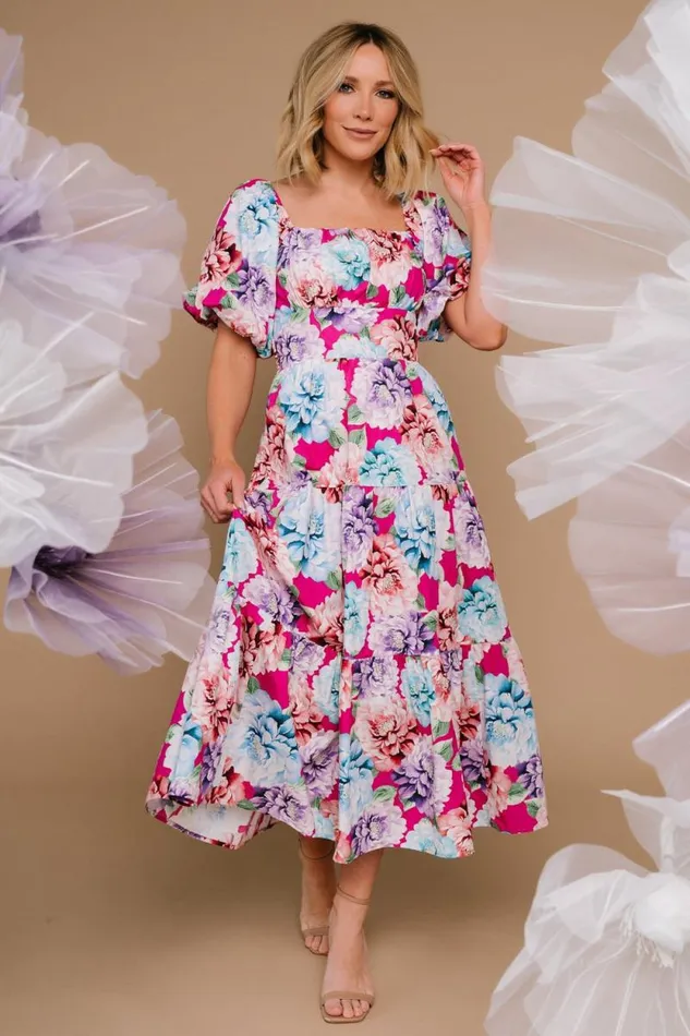 Women Iva Puff Sleeve Midi Dress Fuchsia Multi Floral Baltic Born Midi Dresses