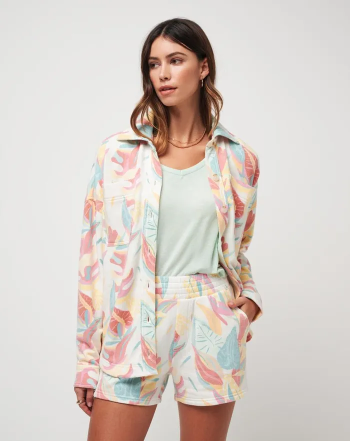 Women Jackets TravisMathew VACAY AND ROSE CLOUD FLEECE SHACKET Ivory Multi