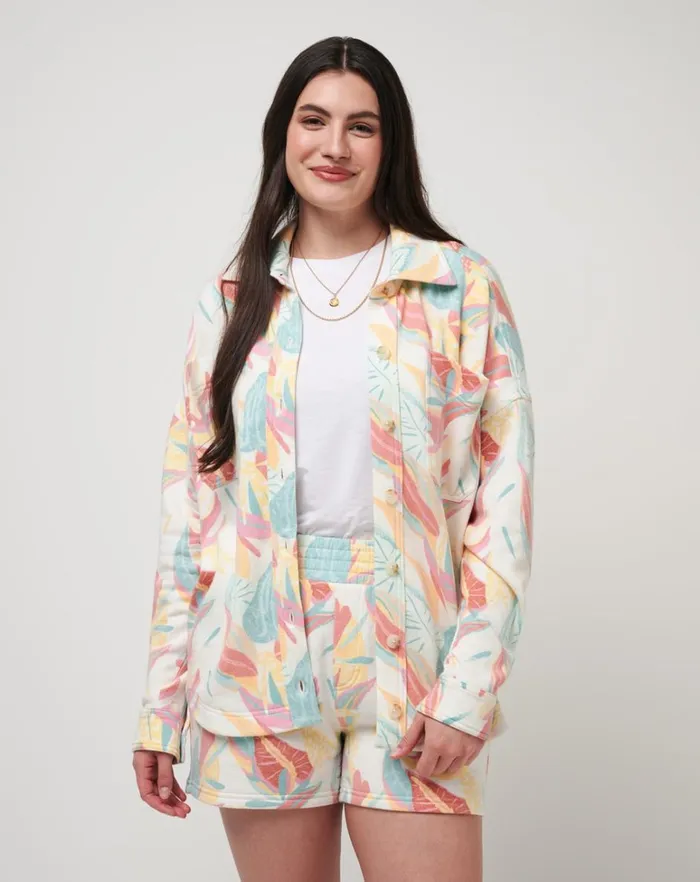 Women Jackets TravisMathew VACAY AND ROSE CLOUD FLEECE SHACKET Ivory Multi