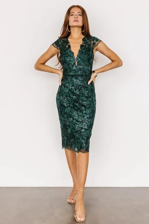 Women Jacqueline Embossed Midi Dress Emerald Baltic Born Embellished and Sequined