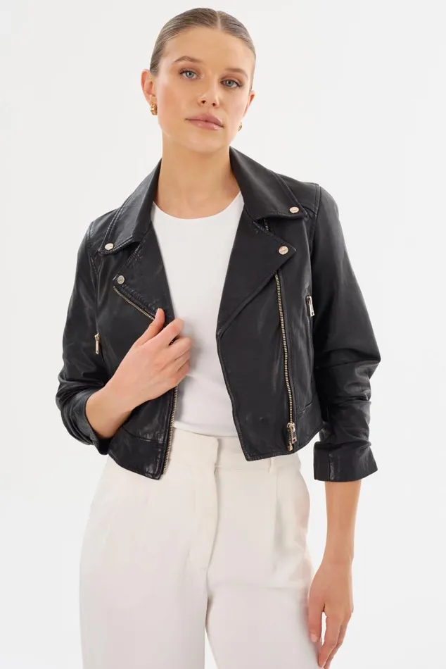 Women JANIKA Cropped Leather Biker Jacket Black LAMARQUE Leather Jackets