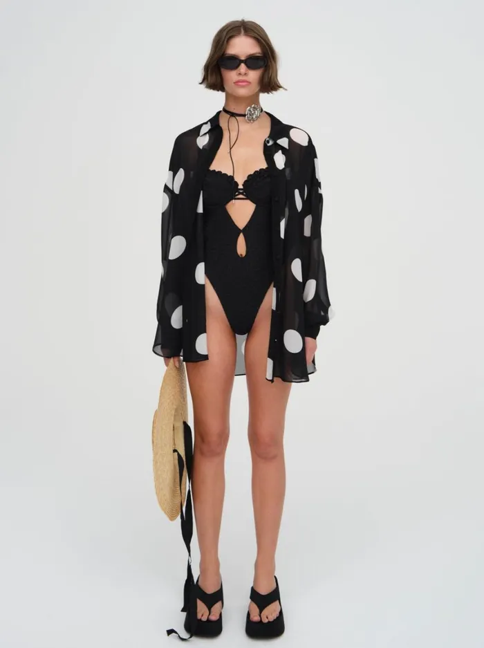 Women Justina Sheer Coverup Shirt Black For Love and Lemons Swim