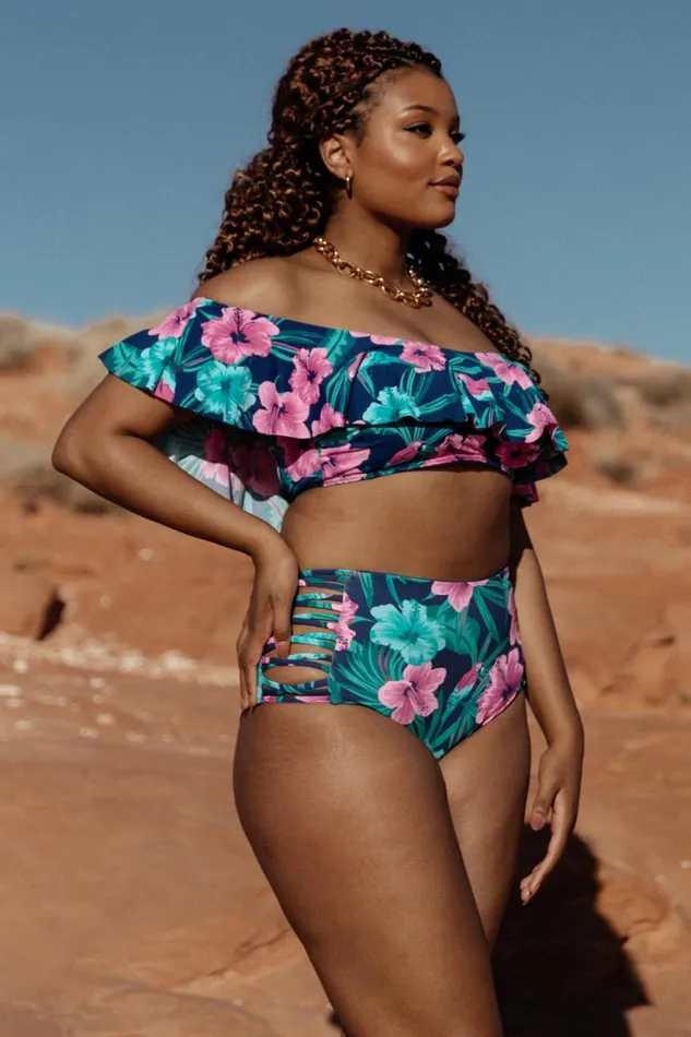 Women Keke Off Shoulder Bikini Top Navy Tropical Floral Baltic Born Bikini