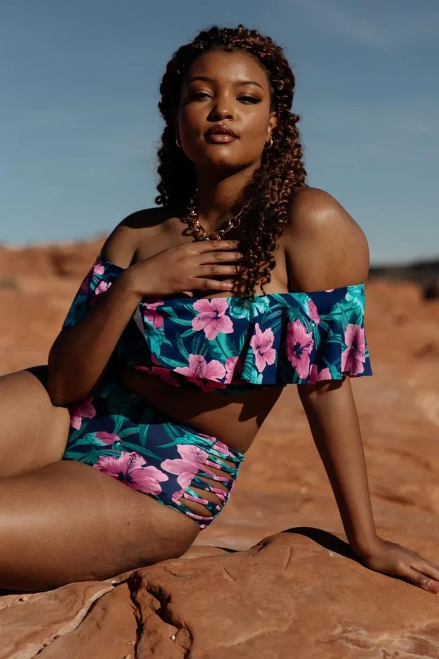 Women Keke Off Shoulder Bikini Top Navy Tropical Floral Baltic Born Bikini
