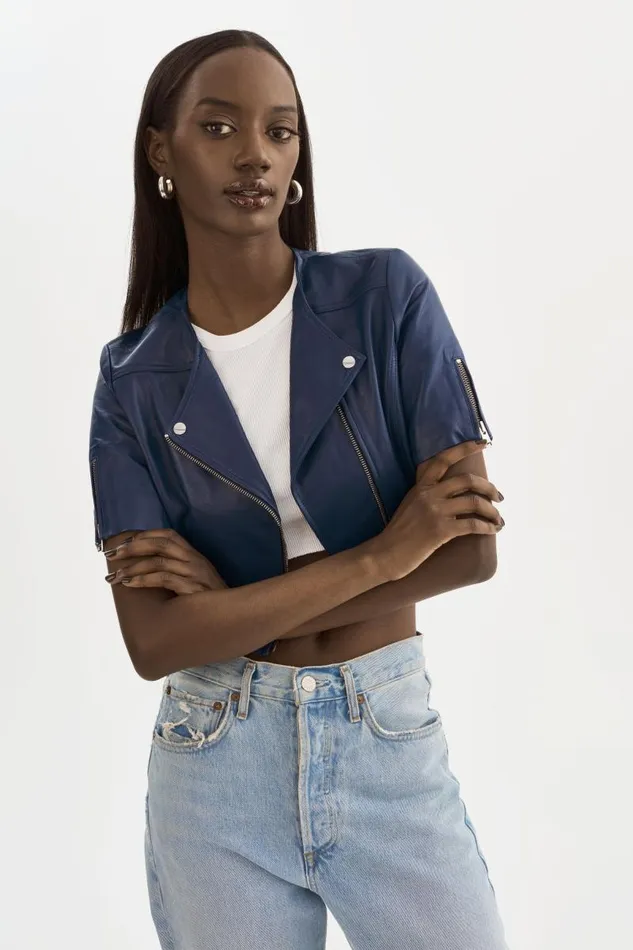 Women KIRSI Cropped Biker Jacket Aegean Blue LAMARQUE Short Sleeve Jackets