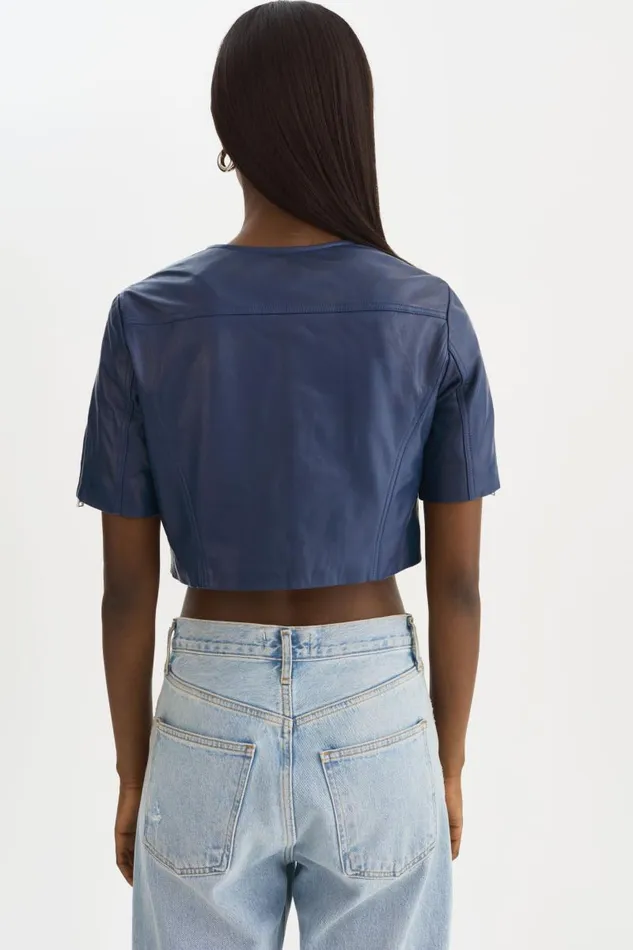 Women KIRSI Cropped Biker Jacket Aegean Blue LAMARQUE Short Sleeve Jackets