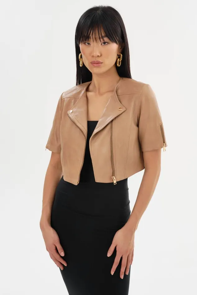 Women KIRSI GOLD Cropped Biker Jacket Camel LAMARQUE Short Sleeve Jackets
