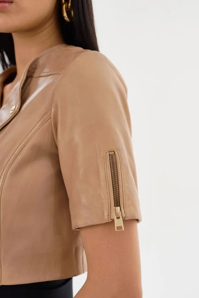 Women KIRSI GOLD Cropped Biker Jacket Camel LAMARQUE Short Sleeve Jackets