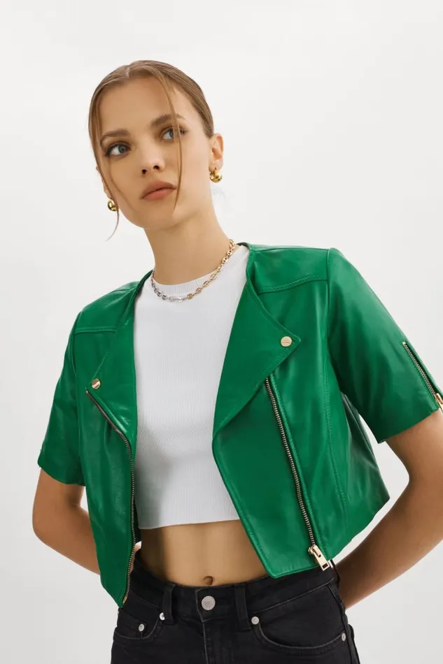 Women KIRSI GOLD Cropped Biker Jacket Vibrant Green LAMARQUE Biker Jackets