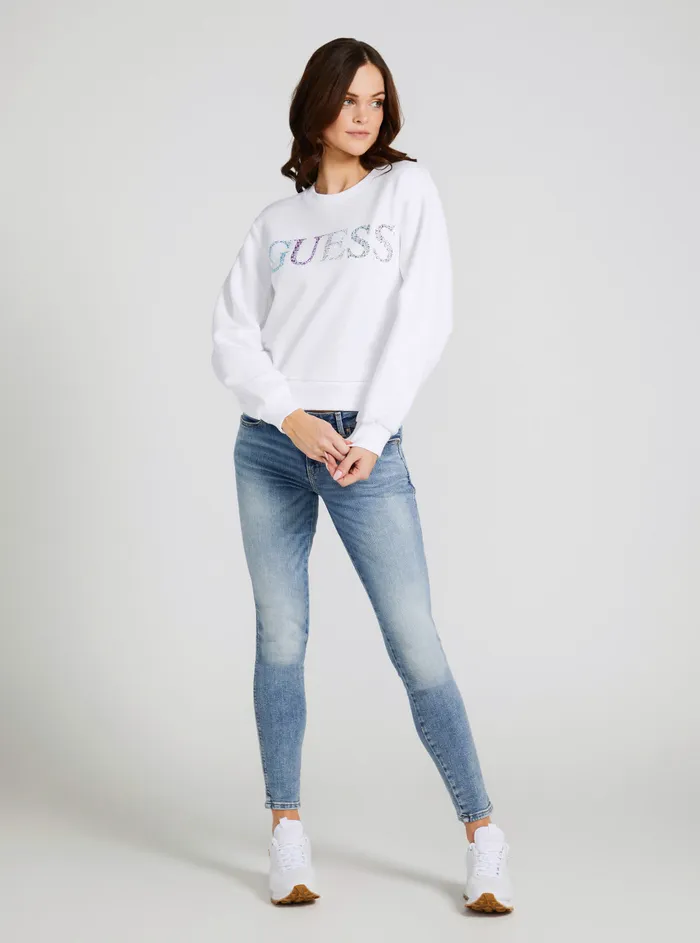 Women Knits and Sweaters GUESS Eco White Coloured Rhinestone Logo Jumper