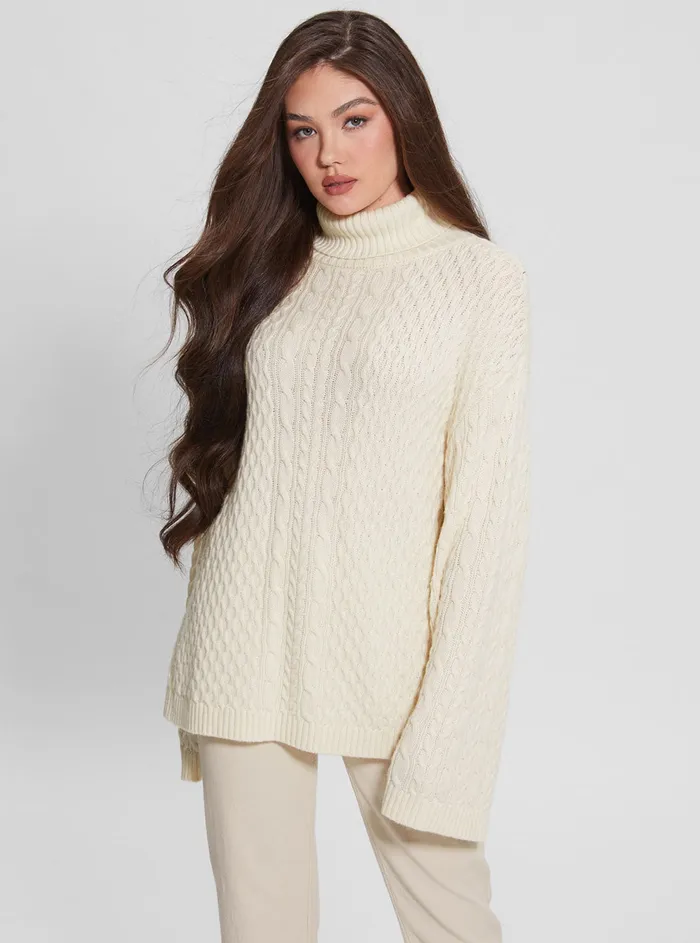 Women Knits and Sweaters GUESS White Wendi Cable Knit Turtleneck Top
