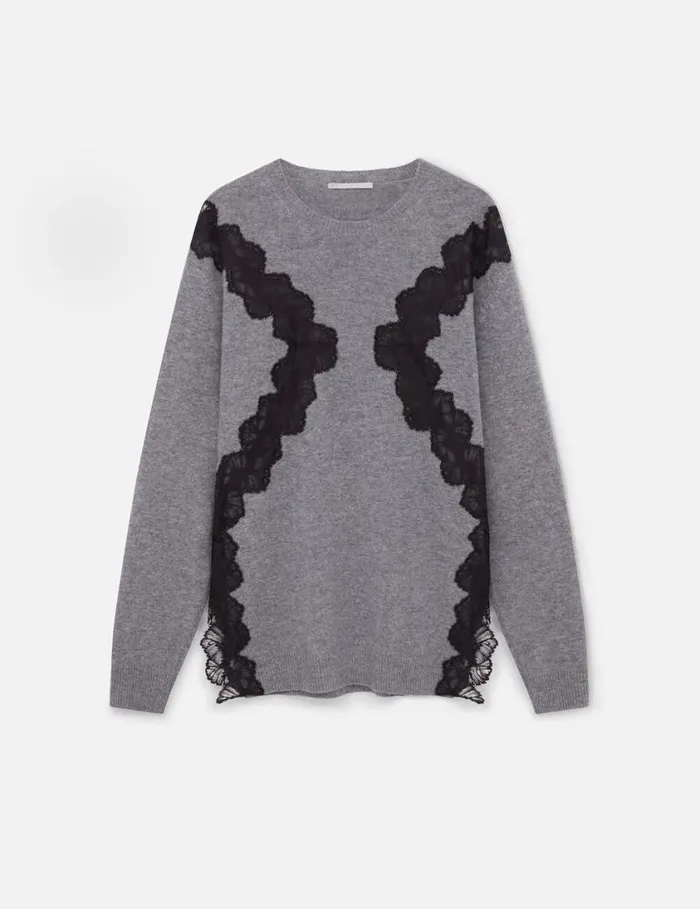 Women Lace Insert Long Sleeve Sweater Grey Melange Stella McCartney Knitwear