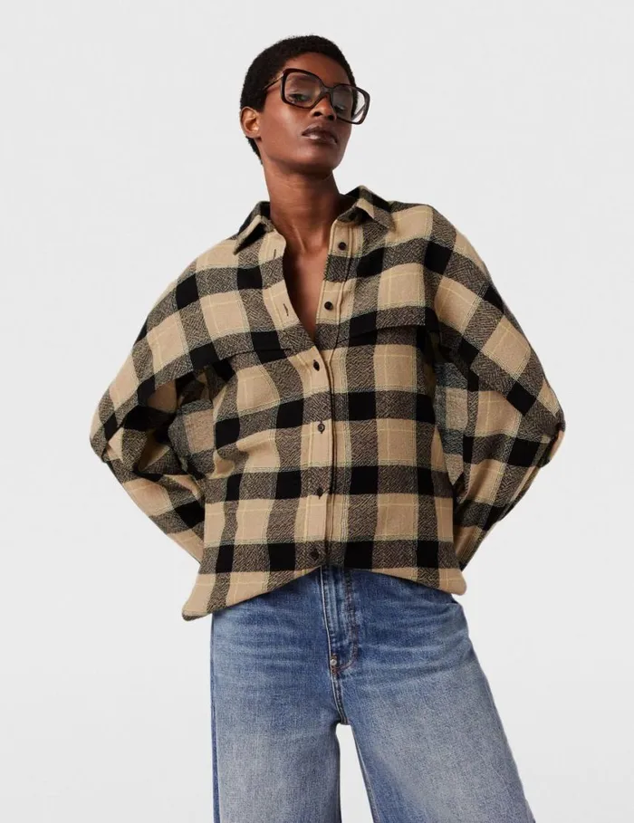 Women Layered Check Shirt Beige And Black Stella McCartney Shirts And Tops