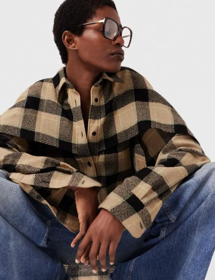 Women Layered Check Shirt Beige And Black Stella McCartney Shirts And Tops