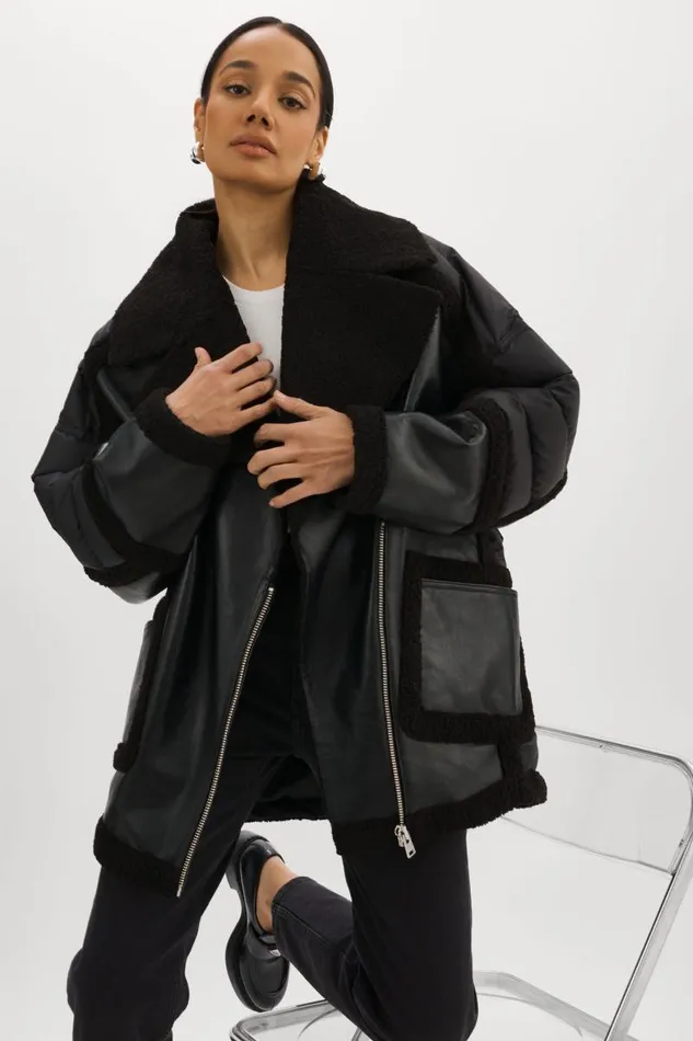 Women LISA Oversized Mixed Media Cocoon Jacket Black Black LAMARQUE Sherpa