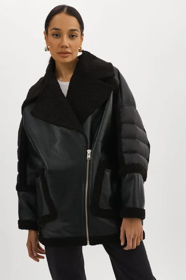 Women LISA Oversized Mixed Media Cocoon Jacket Black Black LAMARQUE Sherpa