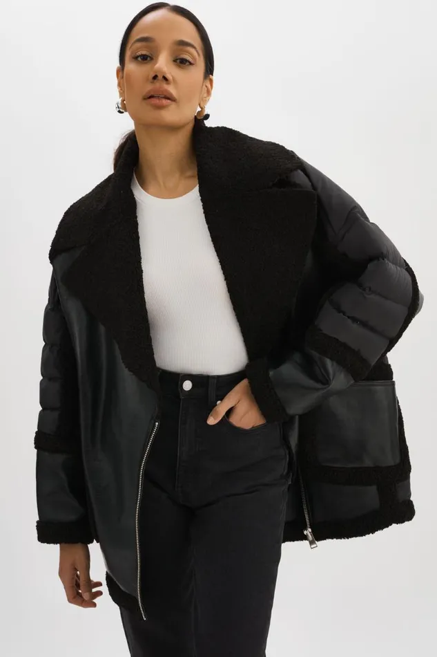 Women LISA Oversized Mixed Media Cocoon Jacket Black Black LAMARQUE Sherpa