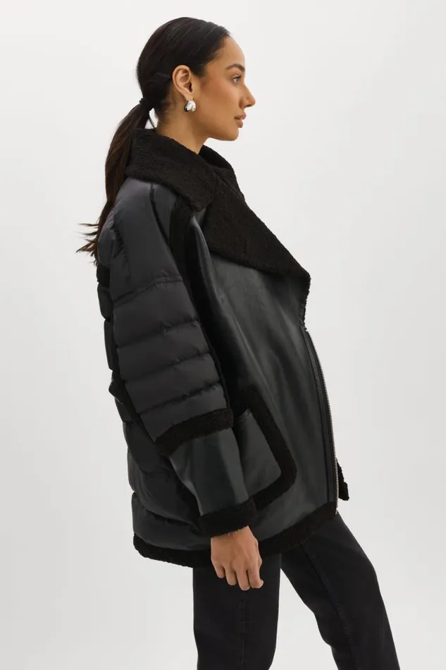 Women LISA Oversized Mixed Media Cocoon Jacket Black Black LAMARQUE Sherpa