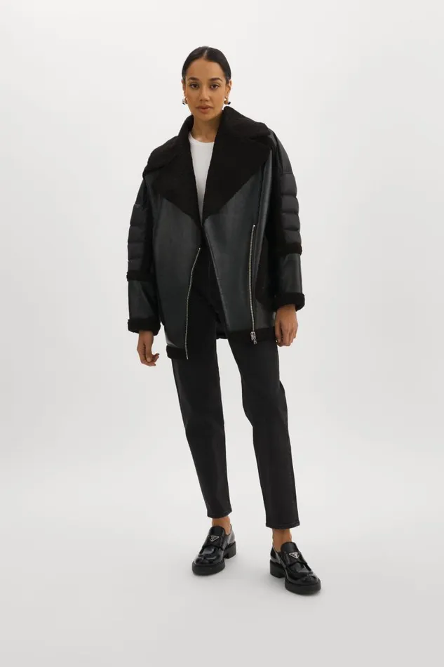 Women LISA Oversized Mixed Media Cocoon Jacket Black Black LAMARQUE Sherpa