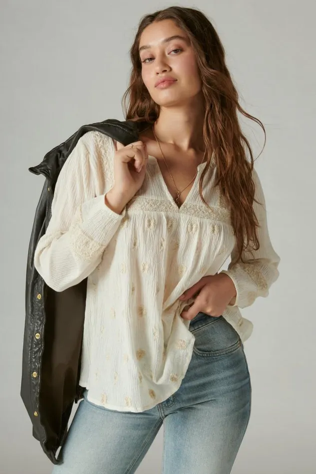Women Lucky Brand All Tops Embroidered Popover Blouse Whisper White