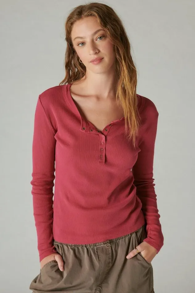 Women Lucky Brand All Tops Long Sleeve Ribbed Snap Henley Anemone