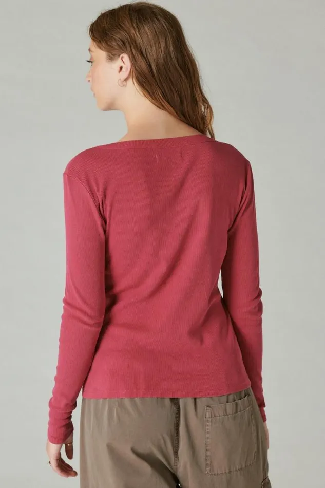 Women Lucky Brand All Tops Long Sleeve Ribbed Snap Henley Anemone