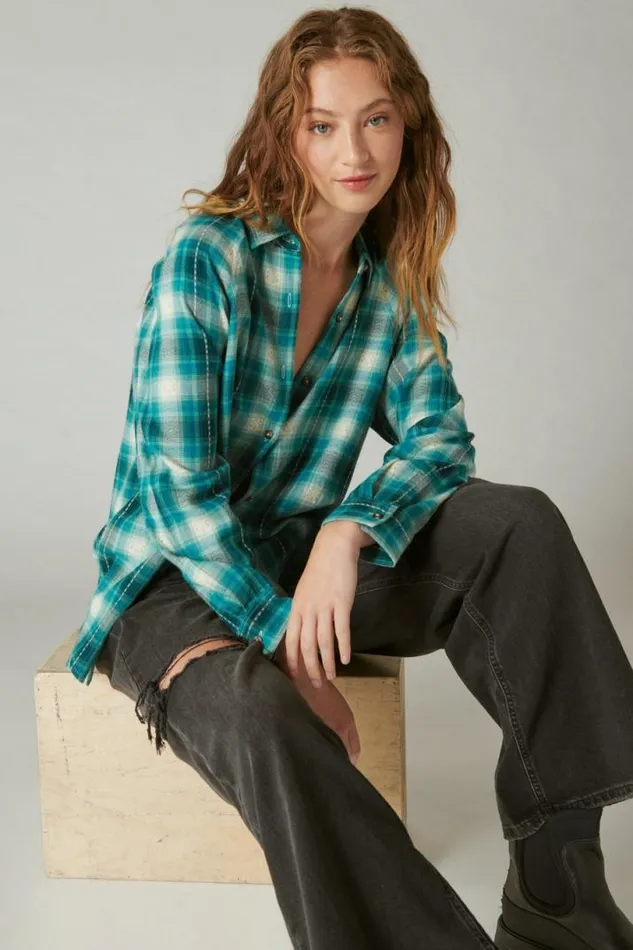 Women Lucky Brand All Tops Oversized Plaid Tunic Green Clover Plaid