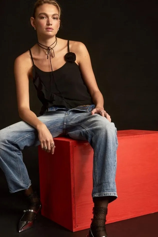 Women Lucky Brand Blouses Chiffon Ruffle Tank Black