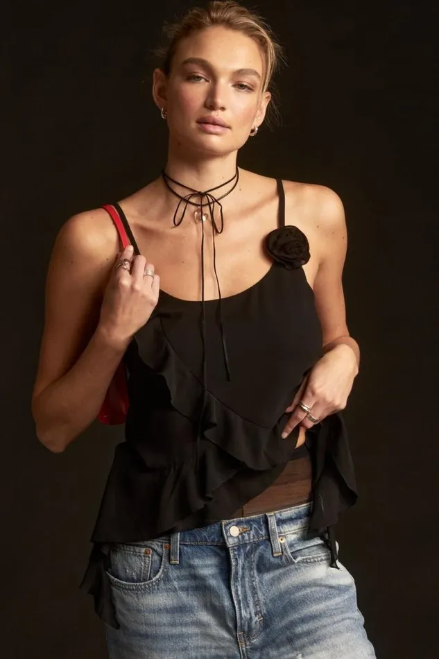 Women Lucky Brand Blouses Chiffon Ruffle Tank Black