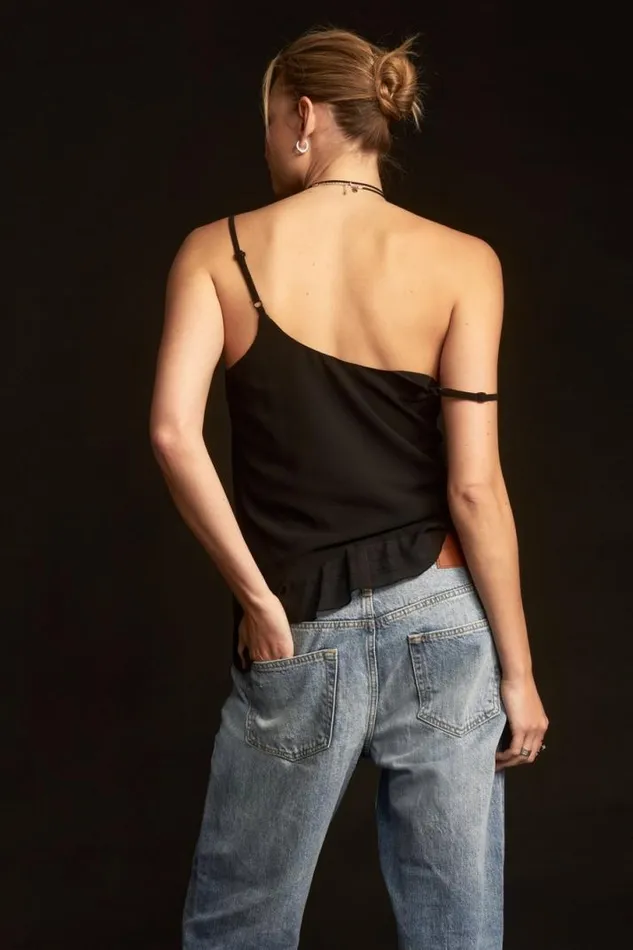 Women Lucky Brand Blouses Chiffon Ruffle Tank Black