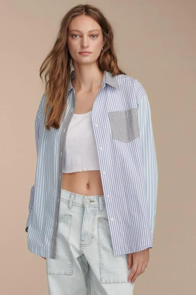 Women Lucky Brand Blouses Stripe Mix Boyfriend Prep Shirt Blue Stripe Mix
