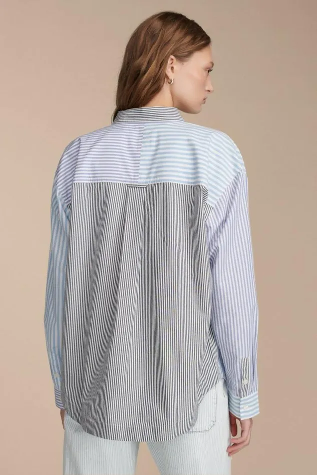 Women Lucky Brand Blouses Stripe Mix Boyfriend Prep Shirt Blue Stripe Mix