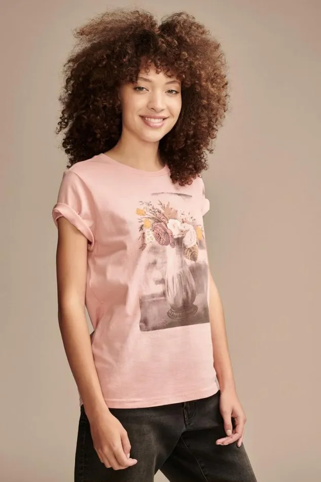 Women Lucky Brand Graphic Tees Floral Vase Classic Crew Rose Tan