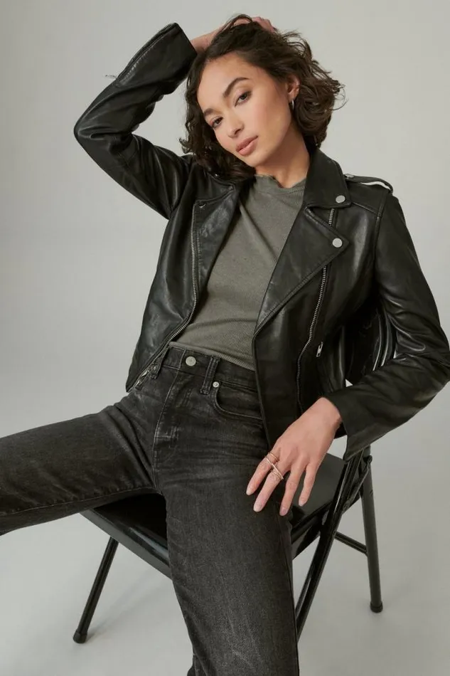 Women Lucky Brand Jackets and Outerwear Classic Leather Moto Jacket Washed Black