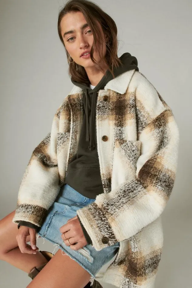 Women Lucky Brand Jackets and Outerwear Oversized Plaid Shirt Jacket Cream Plaid
