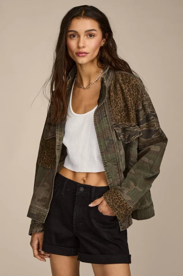 Women Lucky Brand Jackets and Outerwear Patchwork Camo Cropped Jacket Camo Print Mix