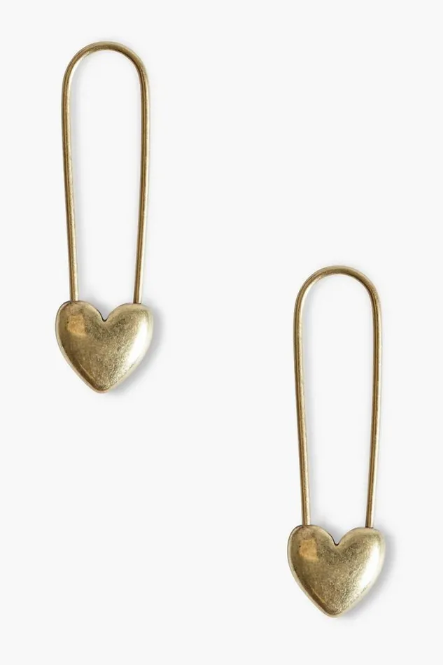 Women Lucky Brand Jewelry Gold Safety Pin Heart Earrings Gold