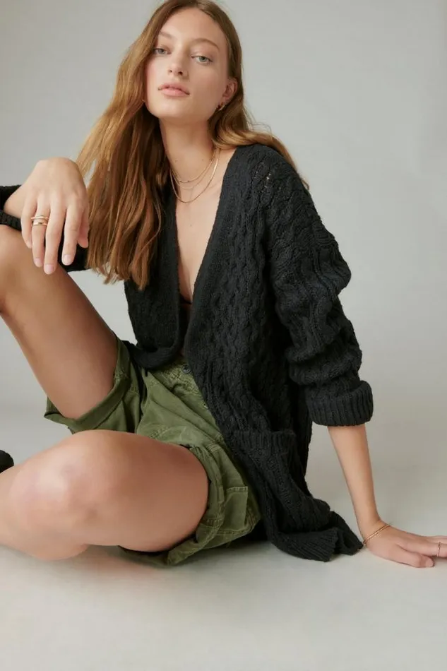 Women Lucky Brand Sweaters and Sweatshirts Mixed Cable Cardigan Black