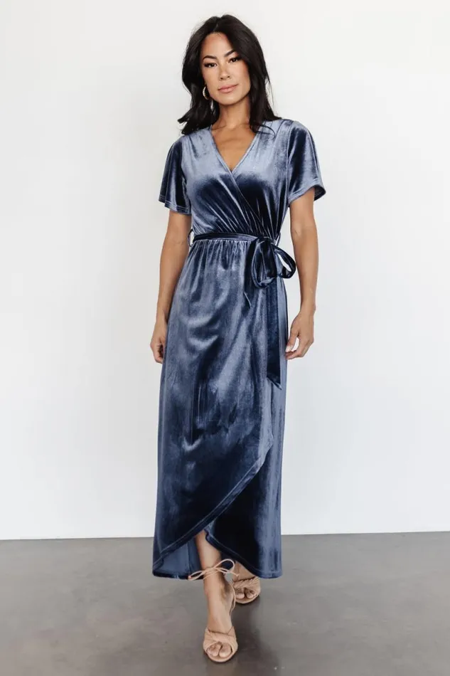 Women Nadine Velvet Midi Dress Blue Baltic Born Bump Friendly