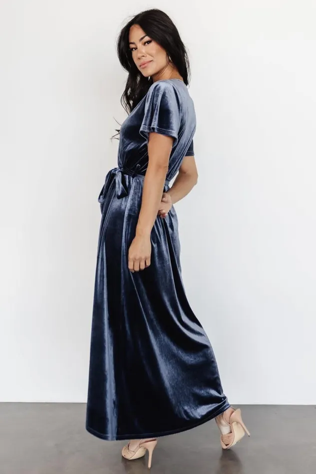 Women Nadine Velvet Midi Dress Blue Baltic Born Bump Friendly