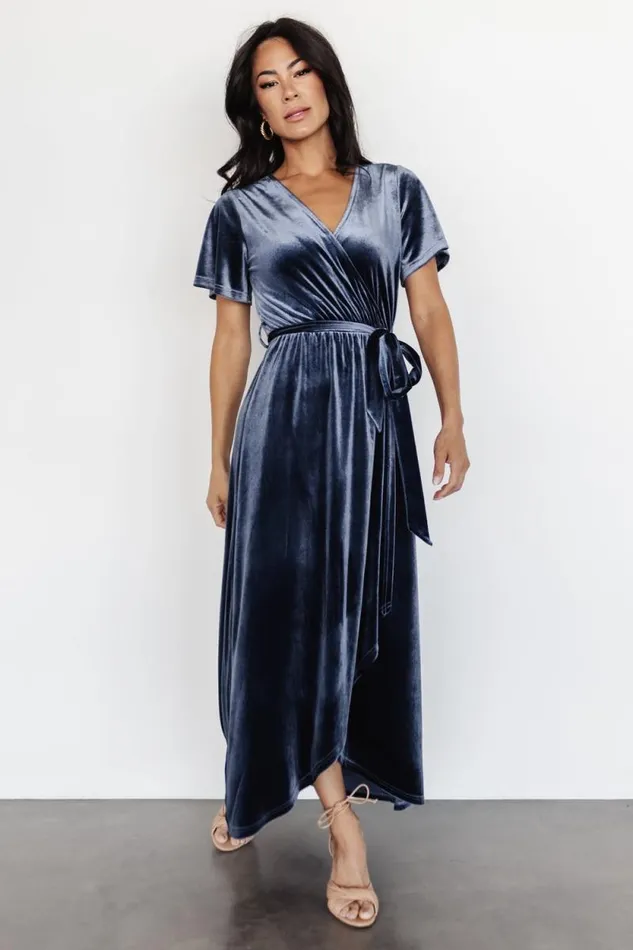 Women Nadine Velvet Midi Dress Blue Baltic Born Bump Friendly
