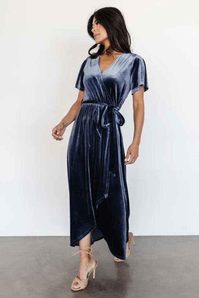 Women Nadine Velvet Midi Dress Blue Baltic Born Bump Friendly